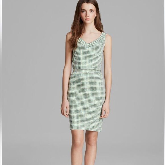 Tory Burch Paris Silk Sheath Dress V Neck Women’s Medium Green Geometric Print - Picture 1 of 13